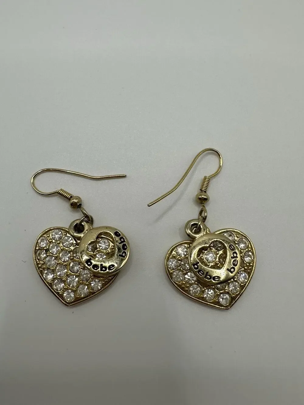 BeBe Goldtone Heart Rhinestone Hook Dangle Earrings 1.25”L
